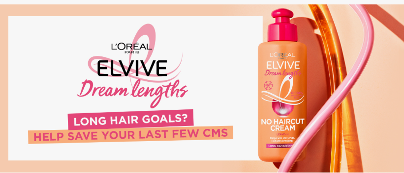 Promotional banner for L'Oréal Paris Elvive Dream Lengths No Haircut Cream featuring the product bottle and text reading long hair goals, highlighting best drugstore beauty products under $20.