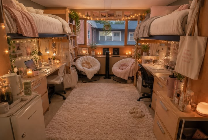 10 DIY Dorm Room Decor Ideas on a Budget That Look Amazing DIY dorm room decor ideas on a budget featuring two lofted beds with cozy white bedding, warm fairy lights, study desks with chairs underneath each bed, plush white saucer chairs by the window, and a fluffy area rug covering the floor.
