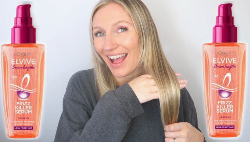 Two bottles of L'Oréal Elvive Dream Lengths Frizz Killer Serum framing a smiling person running their hand through smooth, blonde hair, highlighting best drugstore beauty products under $20.