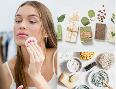 Collage featuring a woman using a cotton pad on her face next to natural handmade soaps and organic cosmetic ingredients, highlighting best drugstore beauty products under $20.
