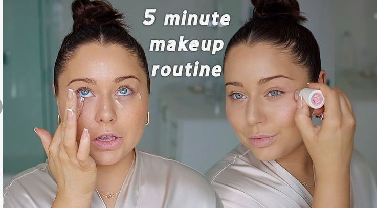 Split image showing a woman applying concealer under her eyes and using a makeup stick on her cheek, demonstrating steps for a 5-minute makeup routine.