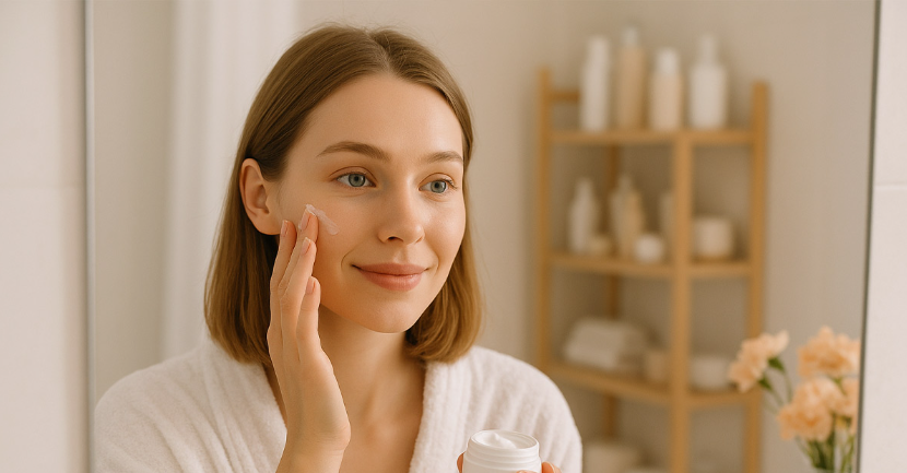 A woman applying moisturizer to her cheek from a small jar while looking in the mirror, highlighting an essential step in a quick 5-minute beauty routine.