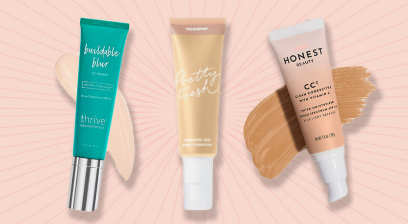 Three tubes of tinted moisturizer and CC creams displayed on a pink background with product swatches, perfect for a quick 5-minute beauty routine.