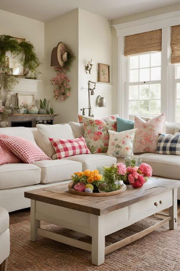 Spring living room decor with fresh flowers, greenery, pastel colors, and cozy cushions