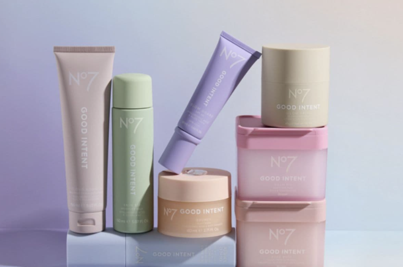 An assortment of No7 Good Intent skincare products, tubes, and jars arranged neatly against a soft pastel background, ideal for a streamlined 5-minute beauty routine.