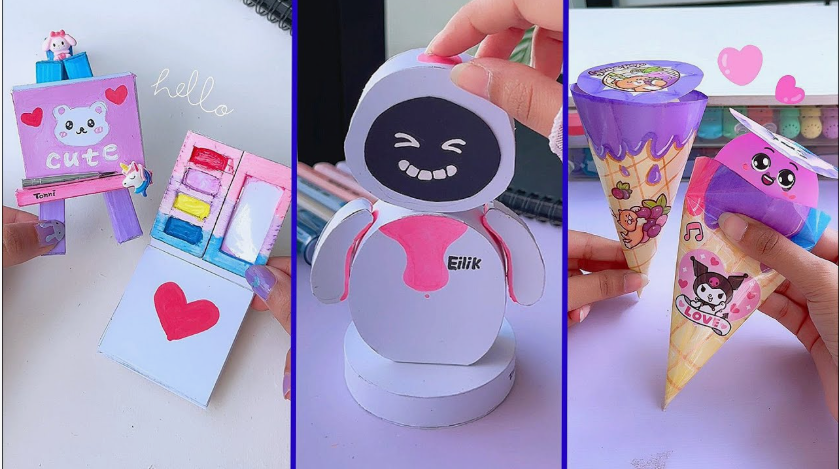 A collage of three DIY papercraft projects labeled with the keyphrase one hour crafts: on the left, a miniature pink easel and a matching watercolor paint palette; in the center, a white and pink interactive Eilik paper robot; and on the right, two decorated paper ice cream cones with cartoon stickers.