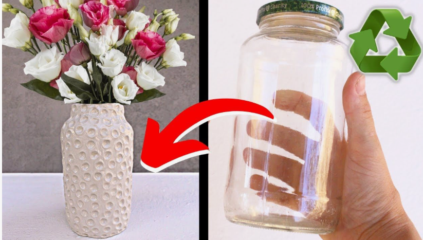 A before-and-after craft transformation showing a plain glass jar being recycled into a textured, cream-colored ceramic-look vase filled with white and pink flowers, presented under the keyphrase one hour crafts.
