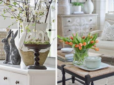 Spring living room decor with greenery, fresh flowers, natural textures, and elegant seasonal accents
