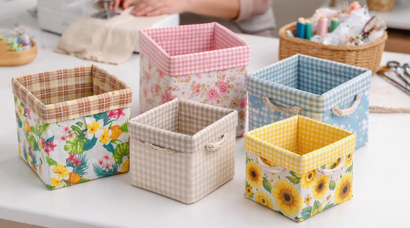 A collection of five handmade fabric storage baskets featuring various patterns including tropical florals, gingham checks, and sunflowers, presented as a DIY craft project under the keyphrase one hour crafts.