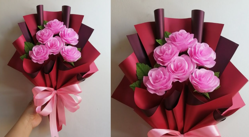 A side-by-side view of an elegant handmade paper flower bouquet featuring pink crepe paper roses arranged in layered burgundy wrapping paper tied with a light pink ribbon, showcased as a creative DIY project under the keyphrase one hour crafts.