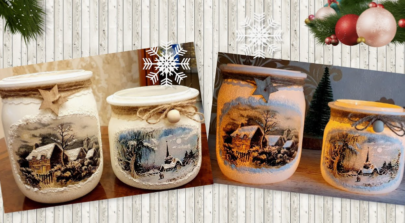 A set of decorated glass jars featuring winter village decoupage scenes, twine bows, and wooden star accents, displayed as a holiday DIY project under the keyphrase one hour crafts.