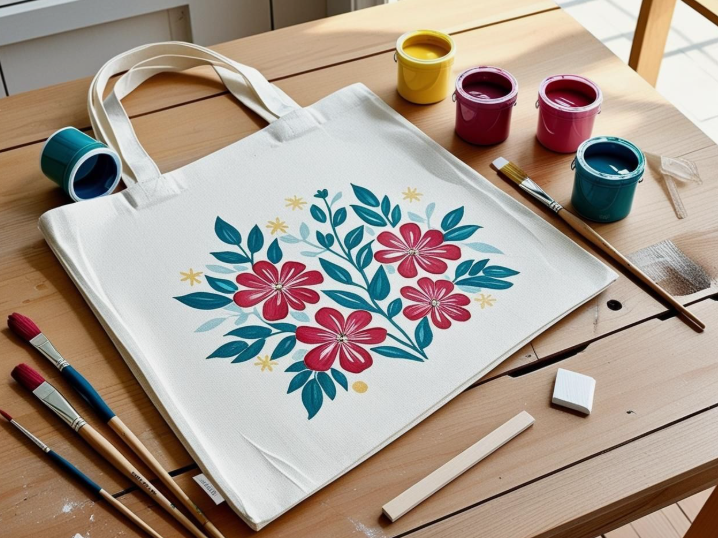A hand-painted white canvas tote bag featuring a colorful floral and leafy botanical design, displayed on a wooden crafting table alongside open paint pots and brushes as a DIY project under the keyphrase one hour crafts.