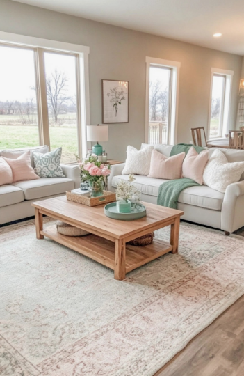 Spring living room decor with soft pastel cushions, fresh flowers, natural wood, and cozy furnishings