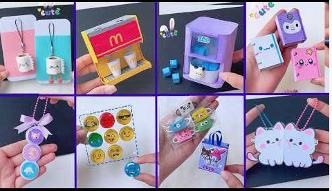 A collage of miniature handmade paper and craft creations featuring tiny notebooks, kawaii keychains, a miniature vending machine, and cute character accessories, showcased as a DIY project under the keyphrase one hour crafts.