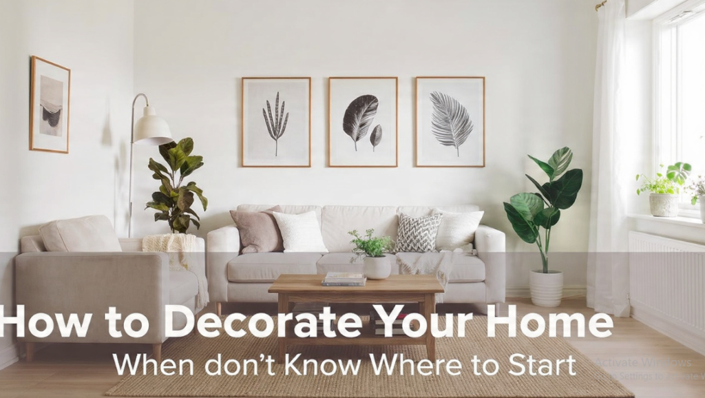 A bright and modern living room featuring a neutral sofa, minimalist botanical wall art, potted plants, and a wooden coffee table, featured in a guide on how to decorate your home under the keyphrase one hour crafts.