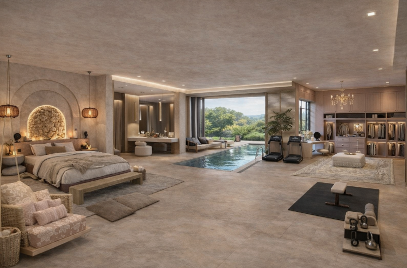A luxurious open-plan bedroom suite featuring an indoor swimming pool, a custom bed with a stone-accented arched headboard, a fitness area with treadmills, and an integrated walk-in closet, presented as a high-end interior design project under the keyphrase one hour crafts.