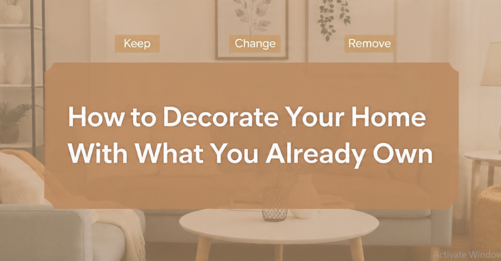 A home decor guide featuring a living room background overlaid with text labels "Keep", "Change", and "Remove", titled "How to Decorate Your Home With What You Already Own", presented as an interior styling project under the keyphrase one hour crafts.