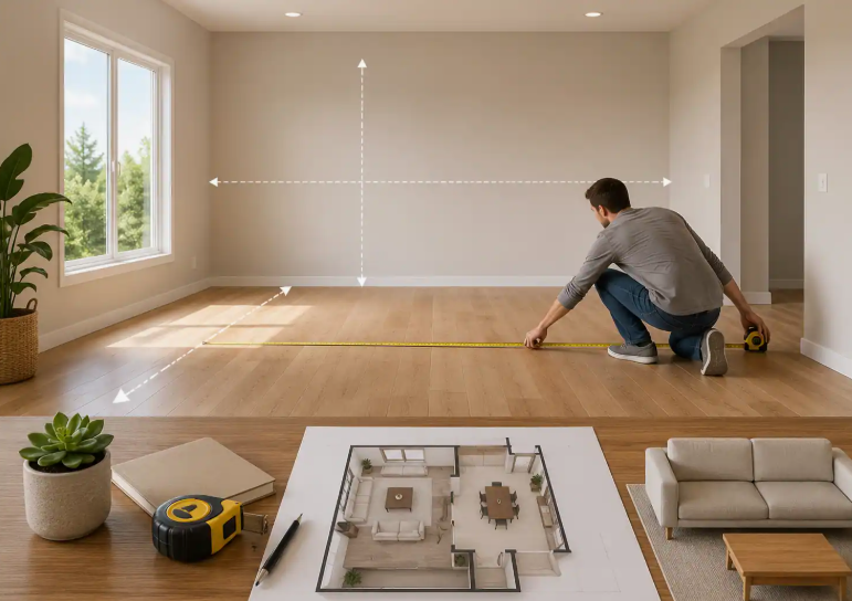 A man measuring the hardwood floor of an empty room with a tape measure, featuring dotted dimension lines and a foreground workspace with blueprints, a miniature couch, and a measuring tape, presented as an interior planning guide under the keyphrase one hour crafts.