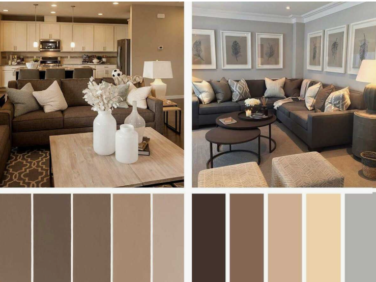 A side-by-side interior design inspiration collage featuring two living room spaces styled with neutral color palettes, wood coffee tables, and matching color swatch bars, presented as an interior decor project under the keyphrase one hour crafts.
