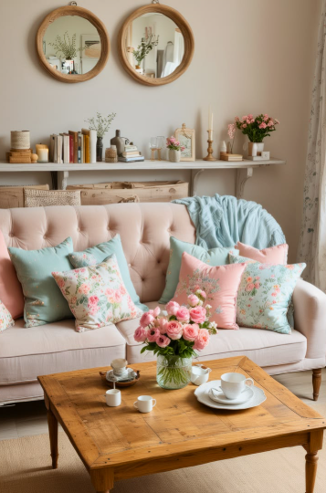 Spring living room decor with floral cushions, fresh flowers, soft pastel colors, and a cozy sofa