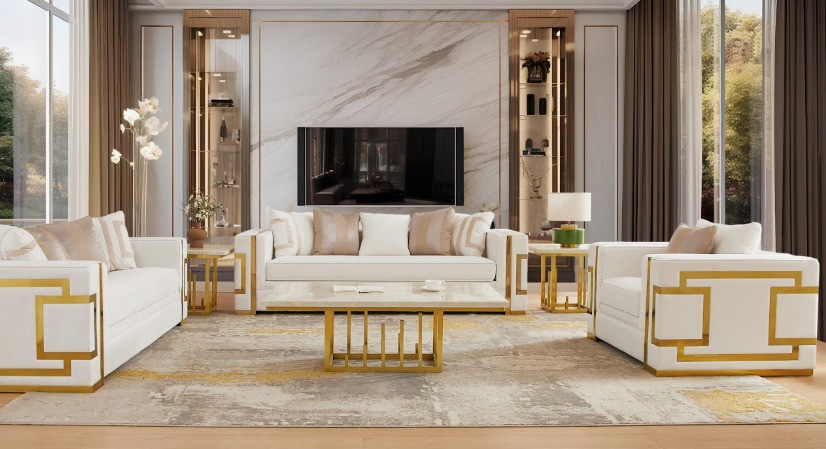 A luxurious modern living room set featuring white and gold-trimmed sofas, a matching coffee table with geometric detailing, a marble feature wall with a flat-screen TV, and illuminated display cabinets, presented as an interior design project under the keyphrase one hour crafts.