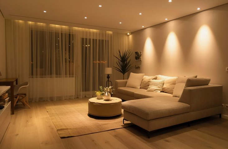 A warmly lit modern living room featuring a neutral sectional sofa, recessed ceiling lights, wall sconces casting soft light cones, sheer curtains, and a round coffee table, presented as an interior design project under the keyphrase one hour crafts.