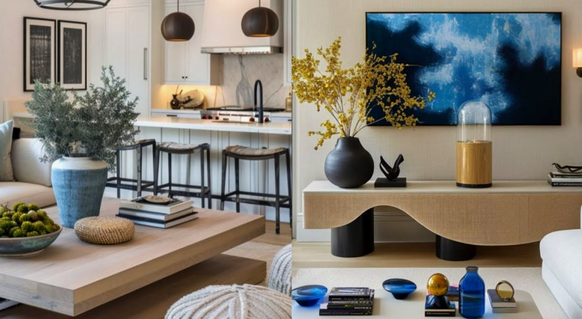 A side-by-side interior design collage showcasing a modern kitchen and living space styled with blue and yellow accents, natural wood coffee tables, statement vases, and abstract wall art, presented as an interior styling project under the keyphrase one hour crafts.