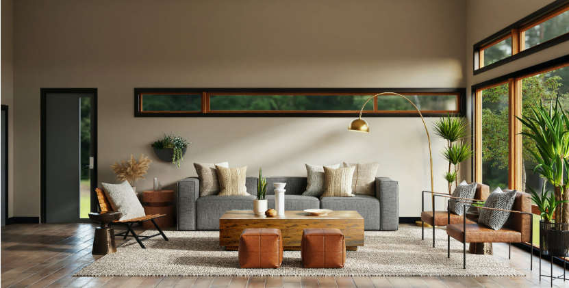 A contemporary living room featuring a grey sofa, a wooden coffee table, matching leather poufs, an arched floor lamp, and large windows looking out to greenery, presented as an interior design project under the keyphrase one hour crafts.