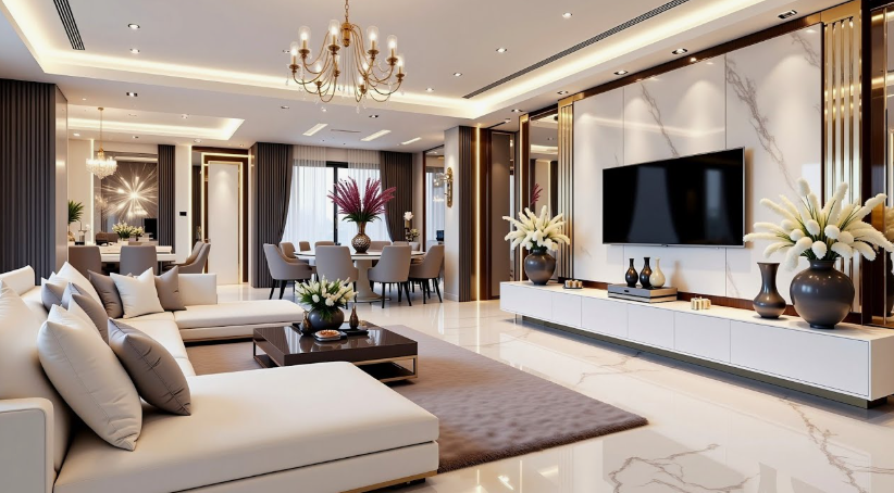 A luxurious modern living room featuring a large cream sectional sofa, an elegant marble-paneled accent wall with a flat-screen TV, a white media console, gold trim details, and sophisticated floral arrangements, presented as an interior design inspiration project under the keyphrase one hour crafts.