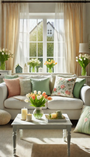 Spring living room decor with tulips, pastel cushions, natural light, and cozy neutral furnishings