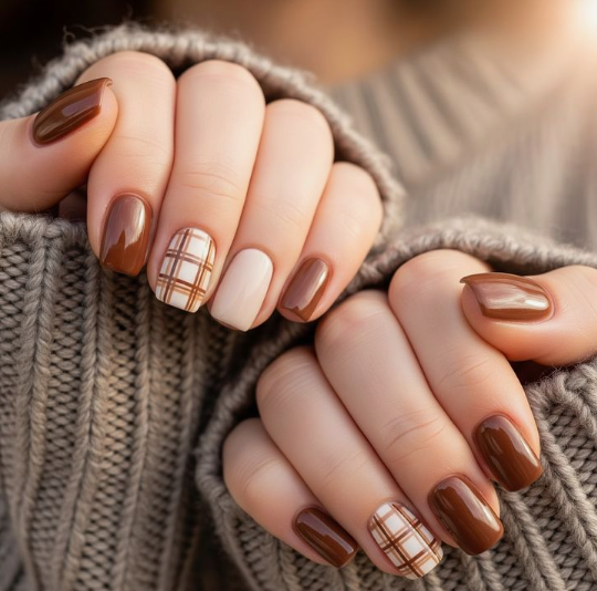 25 Short Fall Nail Ideas for 2026: Chic, Classy & Easy Designs Short fall nail ideas featuring glossy chocolate brown solid polish paired with cream and brown plaid accent nails on short square-shaped hands wearing a cozy sweater.