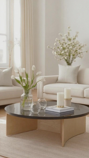 spring living room decor featuring a round black-topped coffee table styled with white tulips in a glass vase and pillar candles