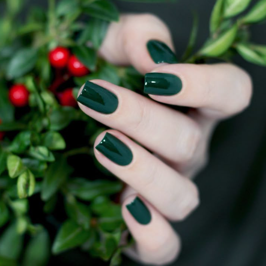 25 Short Fall Nail Ideas for 2026: Chic, Classy & Easy Designs Short fall nail ideas featuring glossy dark pine green polish on short square nails surrounded by green leaves and red berries.