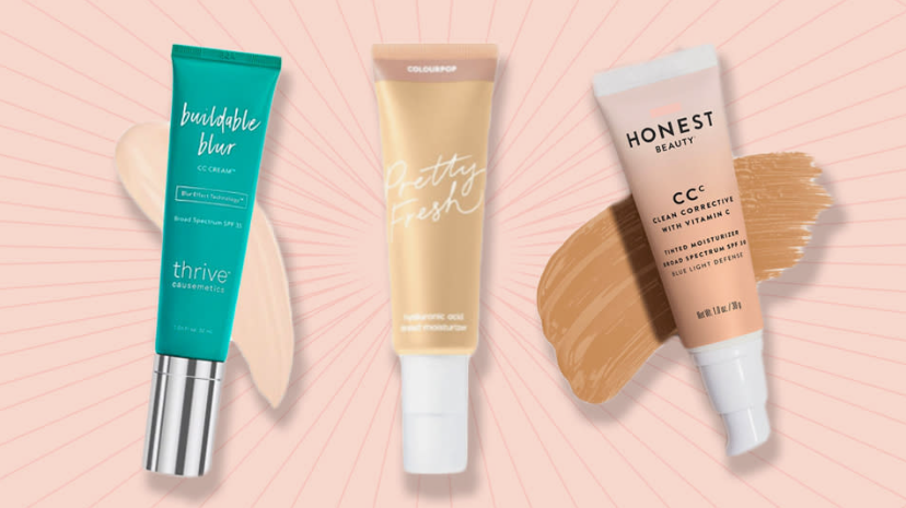 Beauty Products You Actually Need: A Minimalist Guide to Your Beauty Collection A lineup of popular lightweight face bases, including Thrive Causemetics Buildable Blur CC Cream, ColourPop Pretty Fresh Hyaluronic Acid Tinted Moisturizer, and Honest Beauty CC Clean Corrective with Vitamin C, displayed against a soft pink backdrop with product swatches.