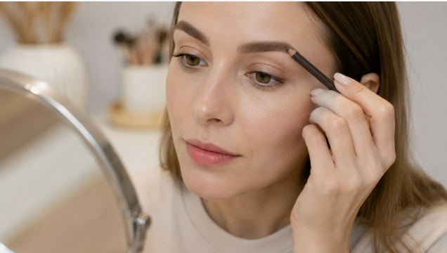 Beauty Products You Actually Need: A Minimalist Guide to Your Beauty Collection A woman carefully shaping and filling in her eyebrows with a fine eyebrow pencil while looking into a tabletop mirror.