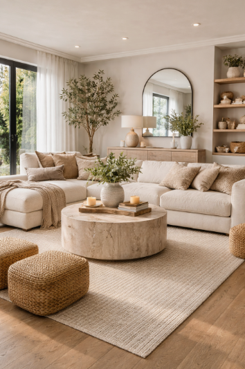 spring living room decor highlighting a large sectional sofa styled with neutral earth-toned pillows and a textured area rug