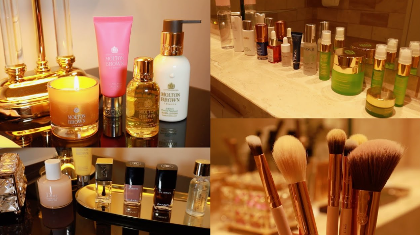 Beauty Products You Actually Need: A Minimalist Guide to Your Beauty Collection Collage of luxury beauty products you actually need, featuring Molton Brown skincare, scented candles, nail polishes, and professional makeup brushes neatly displayed on vanity surfaces.