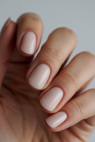 A close-up of a hand showcasing elegant short nails for women over 50 polished in a clean, glossy soft milky neutral.