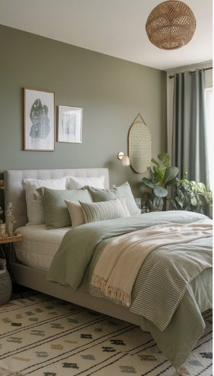 spring living room decor featuring an olive green accent wall, a tufted upholstered bed, and layered sage bedding