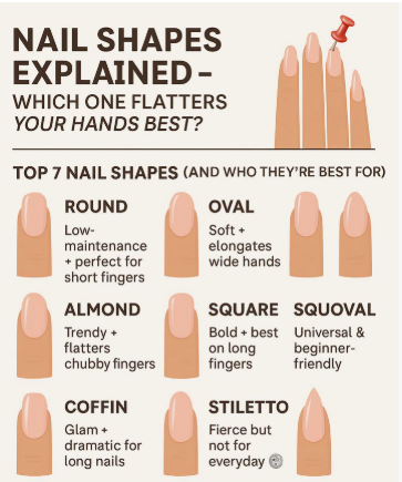 A close-up of a nail shape guide chart titled "Nail Shapes Explained - Which One Flatters Your Hands Best?" breaking down the top 7 nail shapes: Round (low-maintenance and perfect for short fingers), Oval (soft and elongates wide hands), Almond (trendy and flatters chubby fingers), Square (bold and best on long fingers), Squoval (universal and beginner-friendly), Coffin (glam and dramatic for long nails), and Stiletto (fierce but not for everyday).