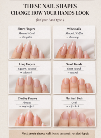 A close-up of a nail shape chart titled "These Nail Shapes Change How Your Hands Look" breaking down recommendations by hand type: Short Fingers (Almond / Oval $\rightarrow$ elongates), Wide Nails (Almond / Coffin $\rightarrow$ slimming), Long Fingers (Square / Squoval $\rightarrow$ balanced), Small Hands (Short Round $\rightarrow$ natural), Chubby Fingers (Almond $\rightarrow$ length effect), and Flat Nail Beds (Oval $\rightarrow$ softer look), noting that most people choose nails based on trends rather than their hands.