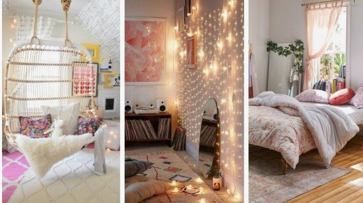 A collage of cozy interior styling showcasing home decor ideas without buying anything, featuring a hanging rattan chair with plush pillows, a warm fairy-light gallery wall, and a neatly made bed styled with soft layers.