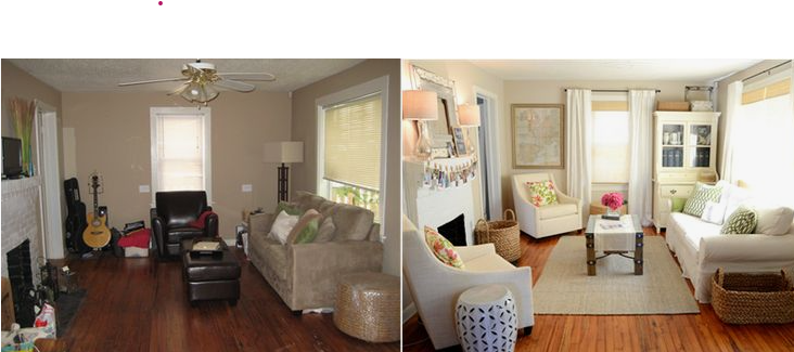 A side-by-side comparison showcasing creative home decor ideas without buying anything, demonstrating how clever furniture rearrangement, lighting, and styling can completely transform a living room.