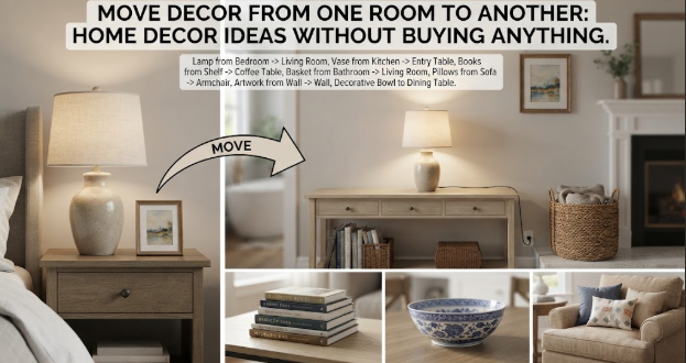 An infographic demonstrating home decor ideas without buying anything, featuring a split-screen visual with an arrow showing a lamp and frame moving from a bedroom nightstand to a living room console, accompanied by a text list of room-to-room swaps and inset images of stacked books, a decorative bowl, and styled pillows.
