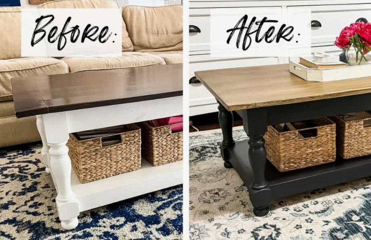 A side-by-side comparison illustrating home decor ideas without buying anything, showing a wooden coffee table before and after a DIY paint refresh and restyling with a simple tray and florals.