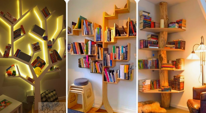 A collage of creative tree-inspired bookshelf designs showcasing home decor ideas without buying anything, featuring a back-lit branch shelf, a modern geometric tree bookcase holding various novels, and corner shelving built around a rustic tree trunk.