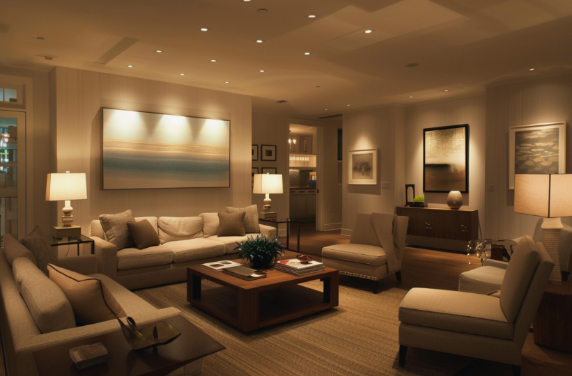 A warm, elegantly lit modern living room featuring ambient recessed ceiling lights, soft lamps, and a neutral sofa and armchair layout that highlights creative home decor ideas without buying anything.