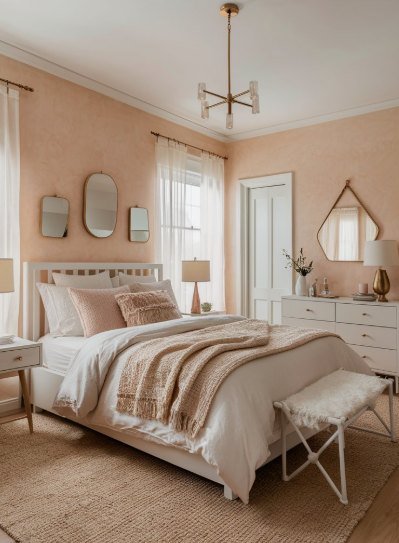 spring living room decor featuring soft peach walls, a white wooden bed frame, and neutral textured throw blankets