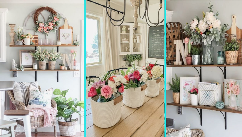 A charming home decor vignette showcasing creative DIY flower arrangements in rustic woven baskets, positioned as a centerpiece on a weathered wooden dining table in a farmhouse-style setting. The image captures the central panel of the original composite, offering a focused look at the two baskets filled with roses, hydrangeas, and eucalyptus, with the white hutch and a chalkboard sign in the softly blurred background. The style is cozy, inviting, and full of easy, no-cost ideas.}