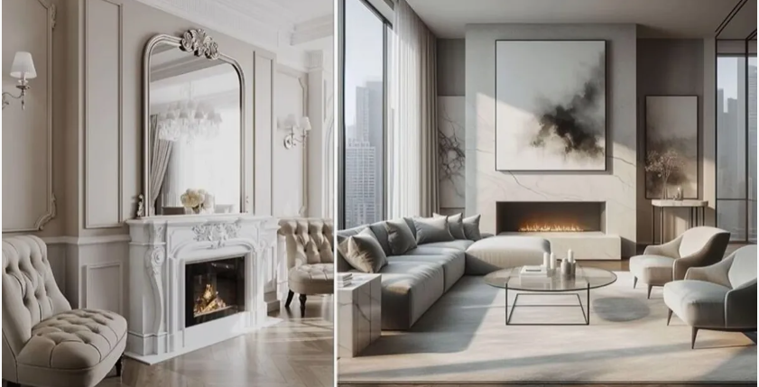 A split-image comparison of elegant, modern living rooms showcasing home decor ideas without buying anything, featuring a classic fireplace with an ornate arched mirror and tufted armchairs on the left, and a bright, minimalist urban living space with a large abstract canvas, a sleek sectional, and a fireplace on the right.